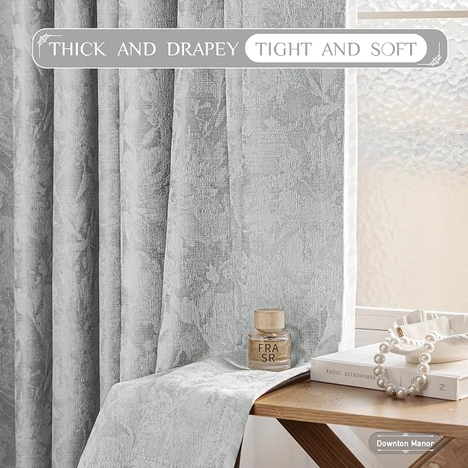 Beauoop Grey Floral Jacquard Blackout Curtains for Bedroom 52x72 2 Panels | Flower Chenille Room Darkening Drapes for Living Room 72 Inch Long Thermal Insulated Soundproof Window treatment Grommet