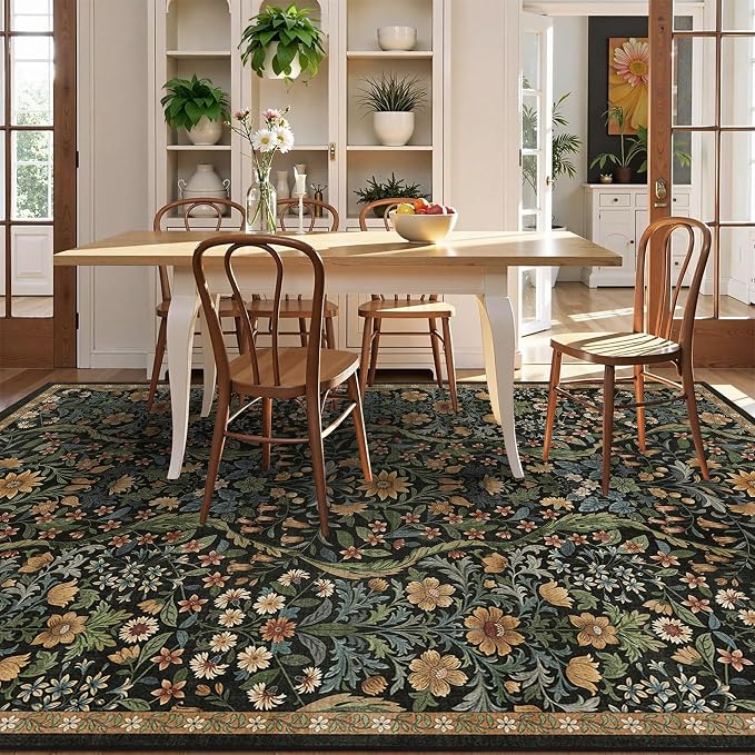 Floral Washable 6x9 Area Rug，Black Brown Boho Rugs for Living Room, Soft Low-Pile Non-Slip Stain Resistant & Non-Shedding Carpet for Girls Bedroom,Dining Room,Office,Entryway,Nursery