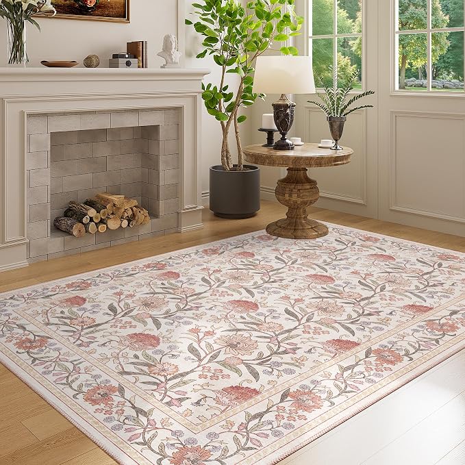 DUKINO 4x6 Area Rug, Washable Vintage Floral Rug for Living Room Beige Pink | Non Slip, Low Pile, Stain Resistant Boho Lightweight Soft Indoor Carpet for Bedroom Office Dining Room Entryway Farmhouse