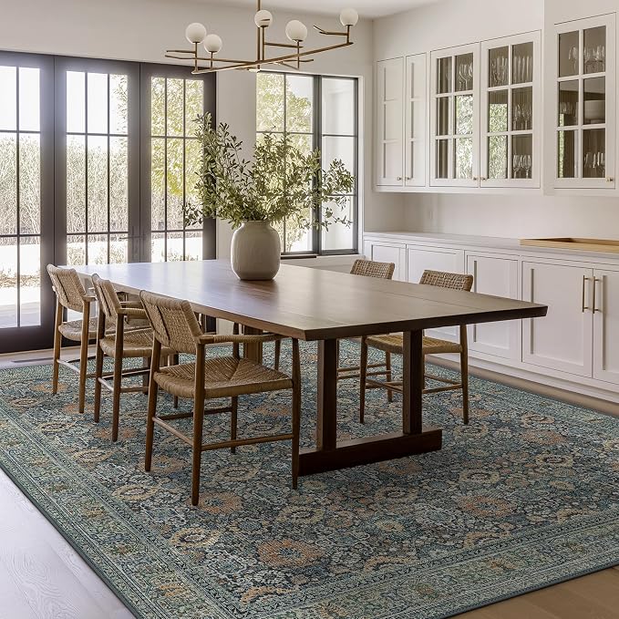 BESBLEE 6X9 Area Rugs Machine Washable Rugs for Living Room, Vintage Boho Large Rugs for Bedroom Dining Room, Non Slip Indoor Soft Distressed Lightweight Thin Low Pile Carpet, Beige Blue Grey