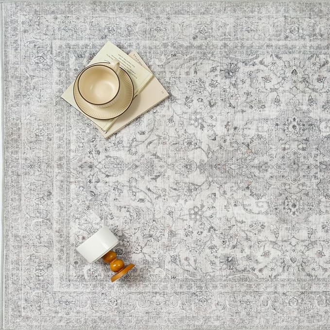 PureCozy 8x10 Area Rug Washable Gray Vintage Traditional Oriental | Non Slip, Soft Low Pile, Indoor Carpet for Living Room, Bedroom, Dining Room, Distressed Retro Decor