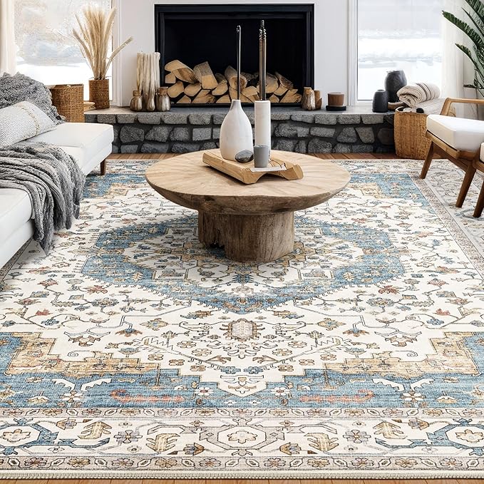 Area Rug for Living Room - 7x9 Soft Washable Oriental Vintage Floral Distressed Large Carpet - Fade Stain Resistant Non Slip Rugs for Bedroom Dining Room Nursery Dorm Office Home Decor - Blue/Beige