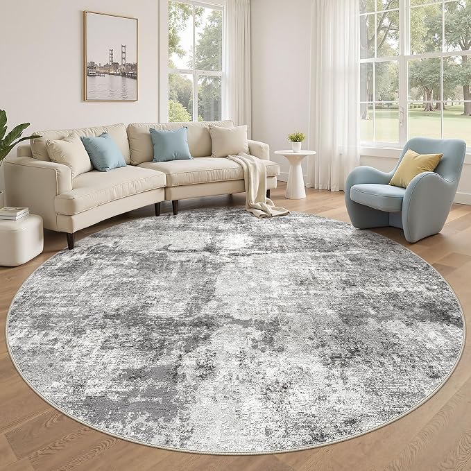 DMOYEST 8ft Round Area Rug for Living Room - 8x8 Washable & Non Slip Circle Rug, Kid & Pet Friendly Soft Low Pile Abstract Carpet for Bedroom and Dining Room - Grey