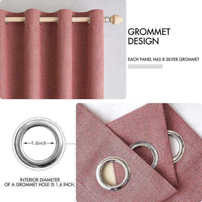 MIULEE 100% Blackout Linen Textured Curtains for Bedroom Solid Thermal Insulated Dusty Rose Grommet Room Darkening Curtains & Drapes Luxury Decor for Living Room 52 x 84 Inch (2 Panels)