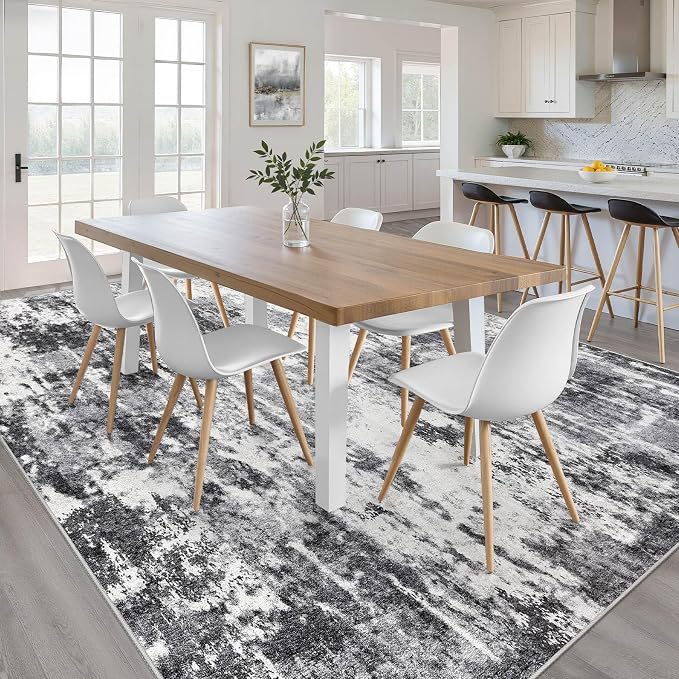 7x9 Area Rug Living Room: Washable Large Neutral Rug Abstract Soft Modern Stain Resistant Indoor Floor Non-Slip Carpet for Bedroom Nursery Kids Office Playroom Dining Room Under Table- Black White
