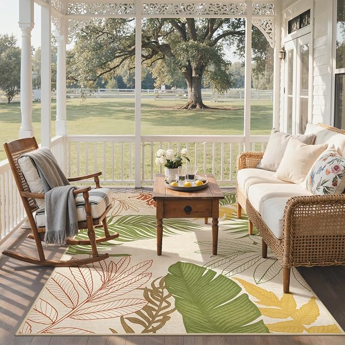 GENIMO 5x8 Outdoor Rug, Washable for Patio and Deck, Beige Green | Botanical leaf design for porch; fade resistant chenille with quick-dry non-slip backing for indoor sunroom.
