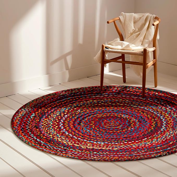 Chindi Rug - Round Rugs 4ft, Woven Multicolor, Bohemian, Recycled Cotton Colorful Boho Rugs for Living Room, Farmhouse, Bedroom, Dining Room, Classroom, Hallway - Round Rug 4ft