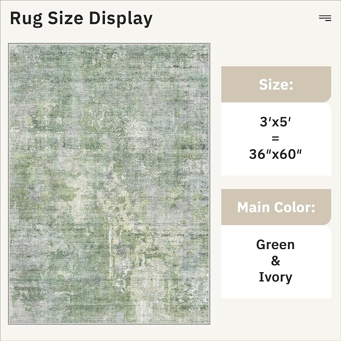 3x5 Rug, Abstract Small Area Rug for Kitchen, Entryway, Machine Washable Non-Slip Throw Rug, Vintage Carpet for Nursery Coffee Table Green Ivory