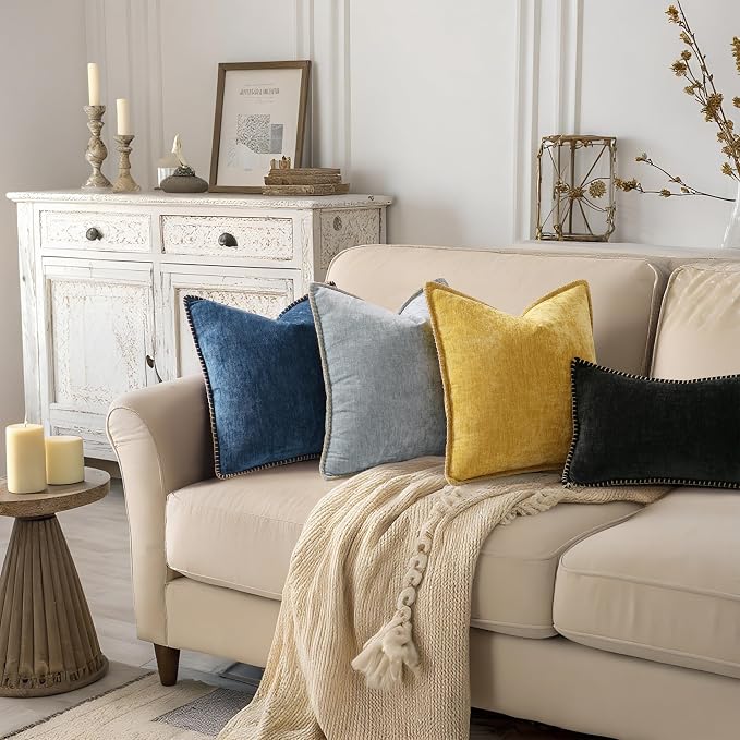 decorUhome Soft Chenille Throw Pillow Covers 20x20 Set of 2 Black | Fall Textured Decorative Throw Pillow Cases Stitched Edge Modern Farmhouse Luxury Boho Velvet for Couch Sofa Bed Home Decor