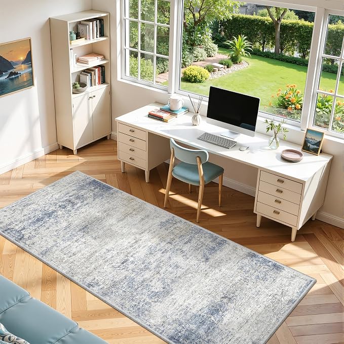 3x8 Runner Rug Non Slip,Washable Hallway Runner Rug,Blue | Neutral Rugs for Kitchen,Entryway,Bedroom,Bathroom,Nursery Room,Thin,Soft Runner Rug,Stain Resistant Indoor Carpet