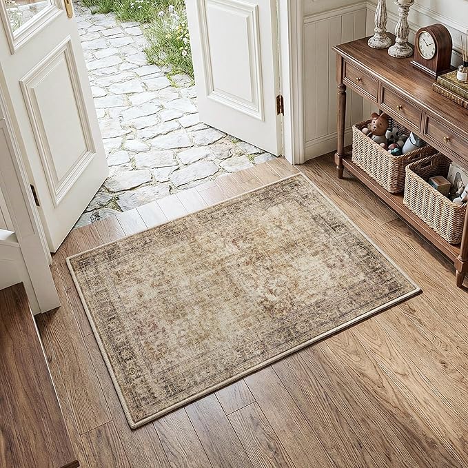 FMFUNCTEX Entryway Rug 2x3 Brown Washable Neutral Vintage Distressed Oriental Door Mat Non Slip Low Pile Indoor Carpet Soft Retro Small Throw Area Rugs for Entry Entrance Bedroom Kitchen Bathroom