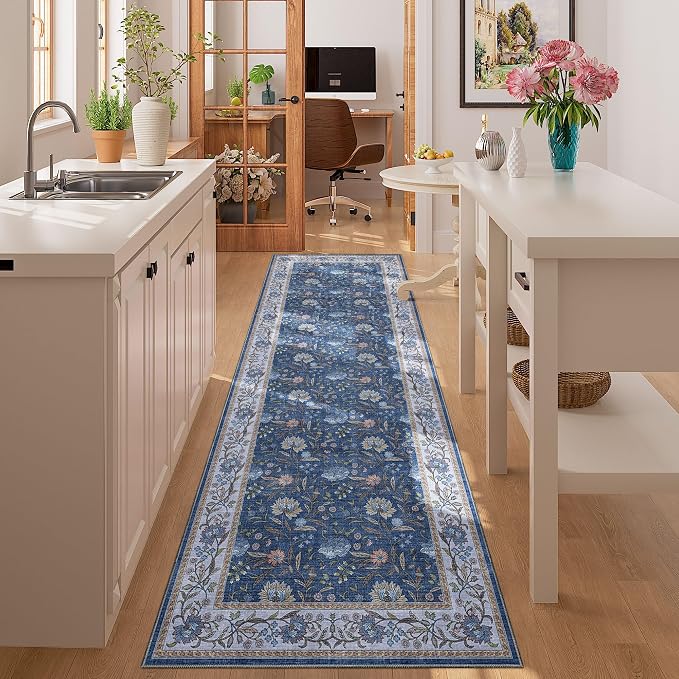 DUKINO 2.6x8 Runner Rug, Washable Vintage Floral Kitchen Runners, Sky Blue | Non Slip, Low Pile, Non-Shedding Soft Carpet for Hallway Bathroom Laundry Entryway Bedroom Farmhouse, Kids and Pets Friendly