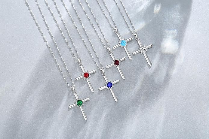 FANCIME Birthstone Cross Necklace for Women Sterling Silver Birthstone Necklace Halo Infinity Cross Pendant Necklace Fine Jewelry Valentines Day Gifts Birthday Holiday Gifts for Her, 16"+2" Inches