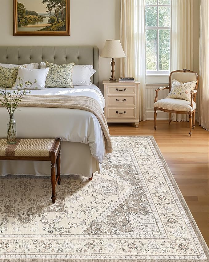 12x15 Vintage Area Rug: Washable Neutral Soft Non Slip Thin Large Floor Carpet for Living Room Bedroom Kitchen Dining Room Home Office Farmhouse Indoor - Brown