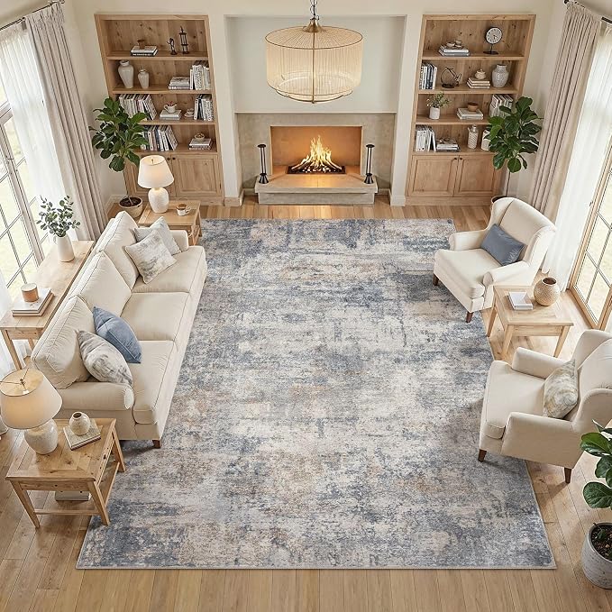 cotiled 9x12 Rugs for Living Room Abstract Soft Non Slip Washable Area Rug | Stain Resistant, Robot Vacuum & Pet Friendly, Low-pile, For Living Room, Bedroom, Dining Table, Nursery Blue/Brown