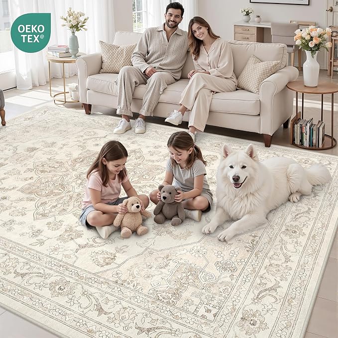 4x6 Area Rugs for Living Room: Vintage Boho Neutral Washable Rug Indoor Soft Large Area Rug Carpet for Bedroom Nursery Farmhouse Dining Room Office Floor Non-Slip Low Pile Under Table Rug Beige White