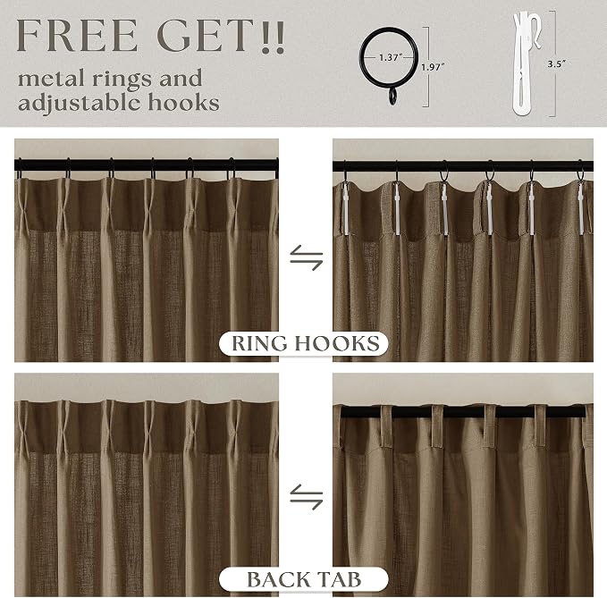 Extra Wide 90 Inch Long Curtains 70 Inch Wide Pinch Pleat Linen Curtains for Living Room Bedroom Light Filtering Privacy Pleated Drapes Hooks Rings Back Tab for Sliding Door Dutch Cocoa 1 Panel