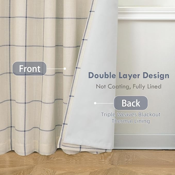 DriftAway 100% Blackout Plaid Curtains 90 Inches Long 2 Panels Navy Blue | 100% Blackout, Linen Texture, Plaid Pattern, Two Layers, Rod Pocket & Back Tab, Bedroom Living Room Use, Luxury Appearance