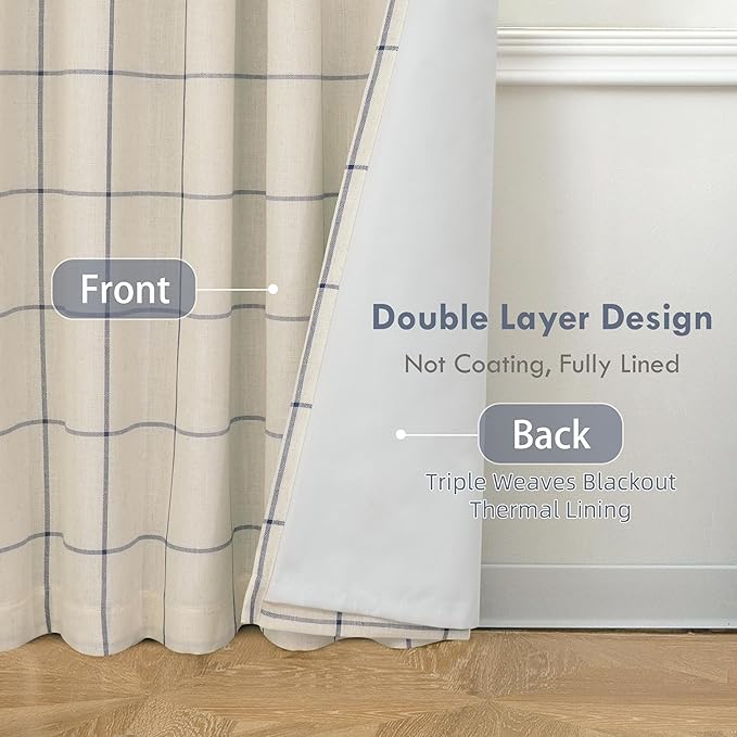 DriftAway 100% Blackout Plaid Curtains 84 Inches Long 2 Panels Navy Blue | 100% Blackout, Linen Texture, Plaid Pattern, Two Layers, Rod Pocket & Back Tab, Bedroom Living Room Use, Luxury Appearance