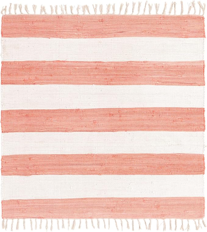 Unique Loom Chindi Rag Collection Area Rug - Striped (5' 1" Square, Coral and Ivory)