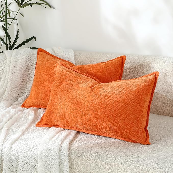 Stellhome Lumbar Chenille Throw Pillow Covers Set of 2 Super Soft Textured Decorative Pillow Covers Accent Solid Cushion Cover for Couch Sofa Bedroom Living Room 12x20 Inch, Orange
