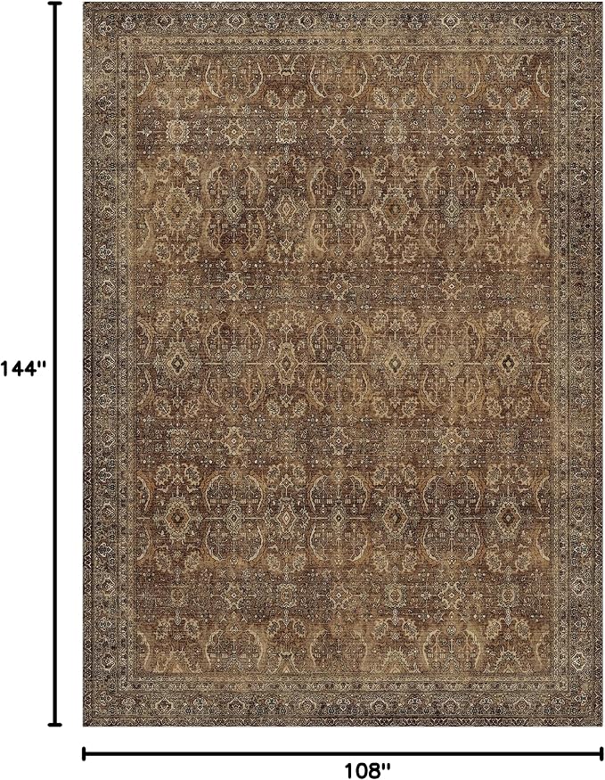 BESBLEE 9X12 Area Rugs Machine Washable Rugs for Living Room, Vintage Boho Large Rugs for Bedroom Dining Room, Non Slip Indoor Soft Distressed Lightweight Thin Low Pile Carpet, Rustic Brown