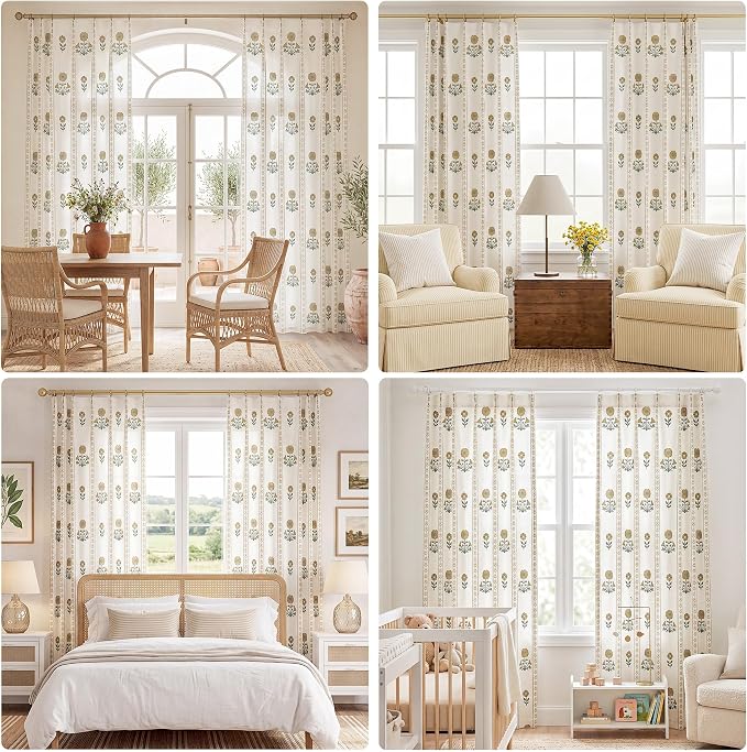 THREE GIRLS Pinch Pleated Light Filtering Linen Blend Floral Block Print Curtains for Bedroom, Dining Room, Living Room, Farmhouse, Memory Trained, Hooks, 2 Panels Set, 40"x84", Brown