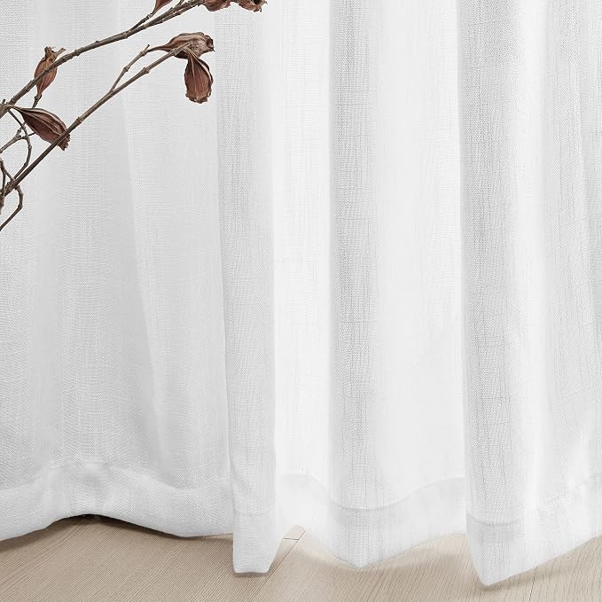 MYSKY HOME White Curtains 95 Inches Long Semi Sheer Drapes Light Filtering for Sliding Glass Door Window Treatments Soft Cotton Blend Panels Linen Look Farmhouse Style, 50" x 95", 2 Pieces