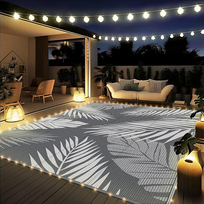 GENIMO Outdoor Rug, Waterproof Plastic Rugs for Patio, 8'x10' Led Grey | Outside Larger Leaf Carpet Mat for Porch Decor, Deck, Balcony, Camping, RV, Backyard, Picnic, Beach, Reversible, Foldable