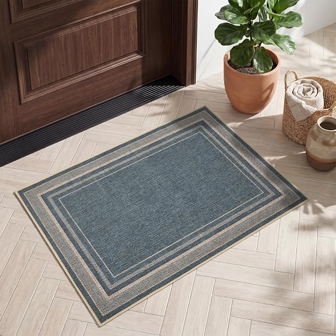 GarveeHome 2x3 Small Easy Jute Area Rugs Washable Neutral Door Mat | Indoor Non Slip Living Room Throw Carpet Stain Resistant Modern Solid Bedroom Rugs for Entryway Nursery Kitchen Dorm, Blue