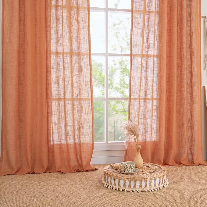 LAMIT Sheer Linen Curtains 63 Inch for Bedroom, Light Filtering Country Decor Semi Sheer Farmhouse Boho Curtains Back Tab and Rod Pocket Living Room Panels, Burnt Orange, 2 Panels, 52 x 63 Inch