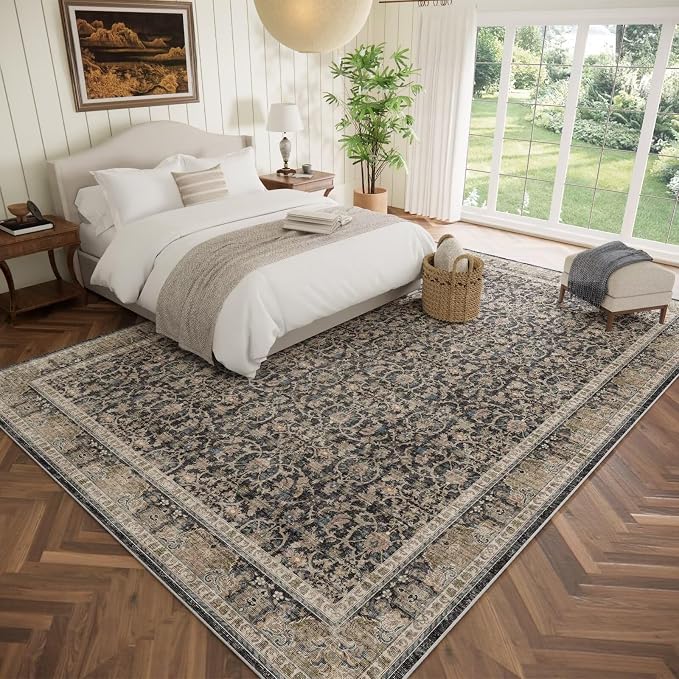 Boho Washable 10x14 Area Rugs for Living Room, Cushioned, Black/Navy Blue | Vintage Non-slip Neutral Oriental Rugs for Bedroom Dining Room Nursery Office High Traffic Area