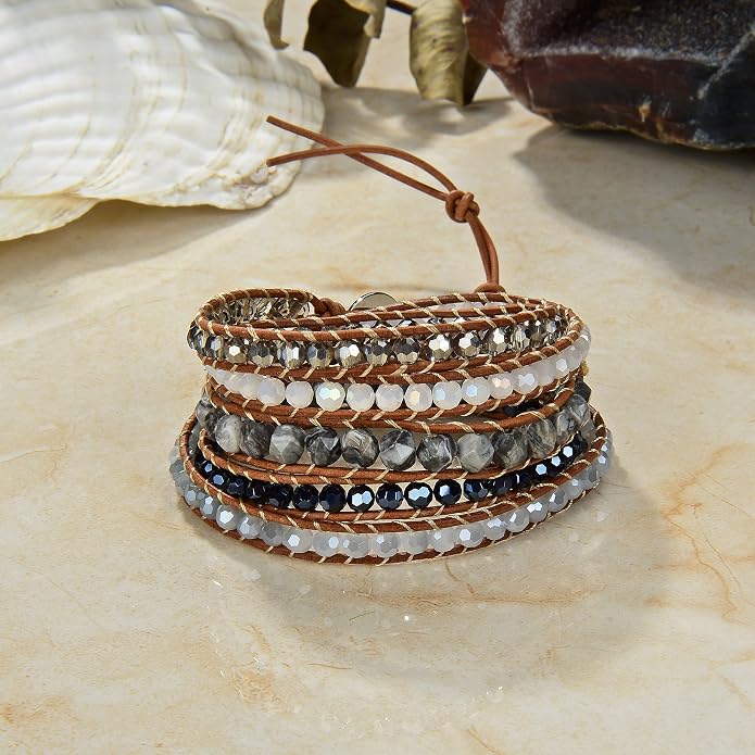 MGR MY GEMS ROCK! 35-Inch Long Multi-Layer Hand Crafted Gemstone and Crystal Multi-Stone Beaded on Genuine Leather Boho Style Stackable Super Wrap Bracelet, up to 5 Wraps.