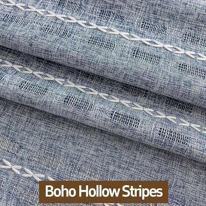 Boho Sheer Blue Curtains 84 inches Long 2 Panels for Living Room Bedroom,Farmhouse, Bohemian Beige Tassels Country Light Filtering Curtains Shabby Chic Embroidery Striped Draps Back Tab, 50" W
