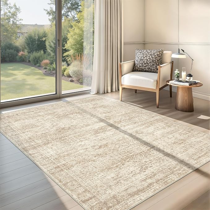 4x6 Area Rug for Entryway,Washable Kitchen Rug,Beige | Small Rug for Hallway,Bedroom,Living Room,Dining Room,Thin,Soft, Neutral Rug,Stain Resistant Indoor Carpet,Non Slip