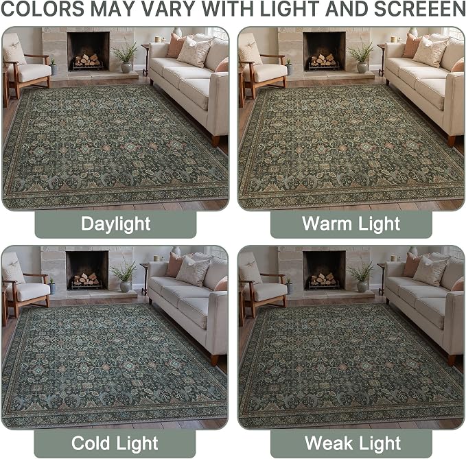 BESBLEE 8X10 Area Rugs Machine Washable Rugs for Living Room, Vintage Boho Large Rugs for Bedroom Dining Room, Non Slip Indoor Soft Distressed Lightweight Thin Low Pile Carpet, Black