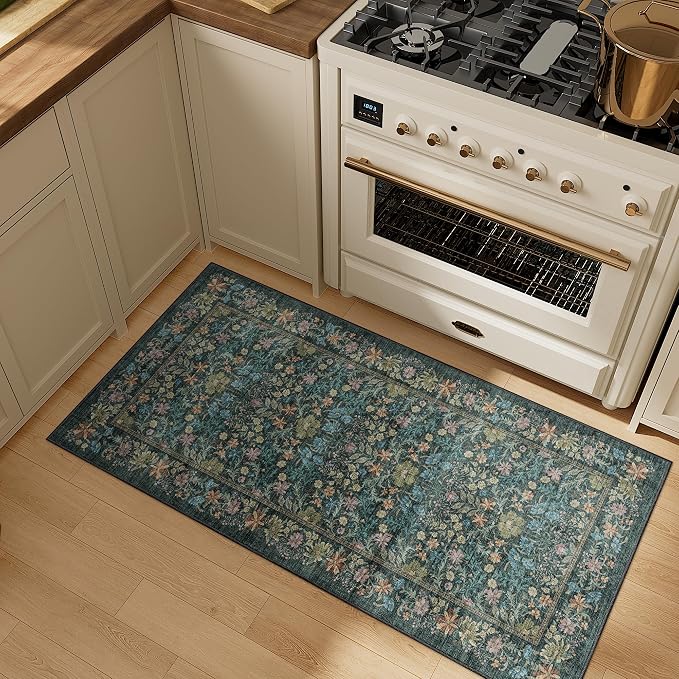 DUKINO 2x4 Rug, Washable Vintage Floral Bathroom Runner Rug, Blue | Non Slip, Low Pile, Stain Resistant, Aesthetic Lightweight Soft Indoor Carpet for Kitchen Entryway Hallway Bathroom Bedroom