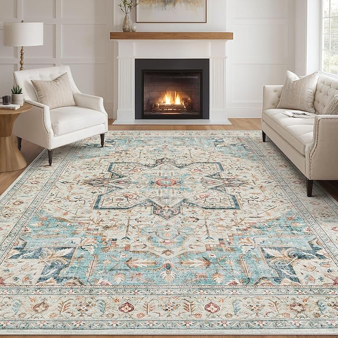 Tortania Area Rug Living Room Rugs - 12x15 Washable Boho Rug Vintage Oriental Distressed Farmhouse Large Thin Indoor Carpet for Living Room Bedroom Under Dining Table Home Office - Aqua Multi