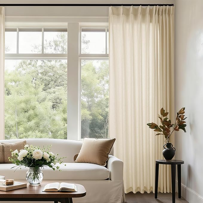 Pinch Pleat 72 x 96 Inch Linen Curtains Extra Wide Beige Semi Sheer | Neutral, Pleated Drapes, for Living Room Sliding Door Dining Bedroom Divider, Curtains 96 Inch Length, Ceiling Window, 8Ft