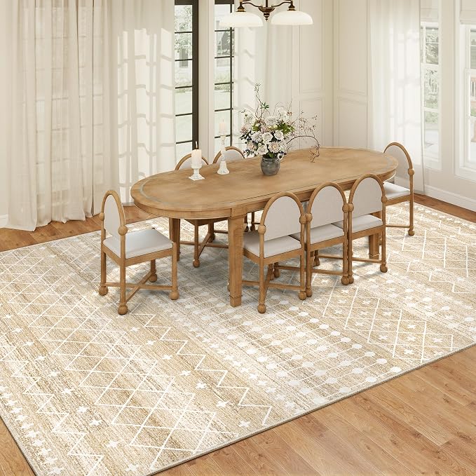 Miukiki 9x12 Area Rug for Living Room Moroccan Washable Rugs Non Slip Indoor Floor Carpet Foldable Large Soft Area Rug for Dining Room Bedroom with Low Pile(Beige,9'x12')