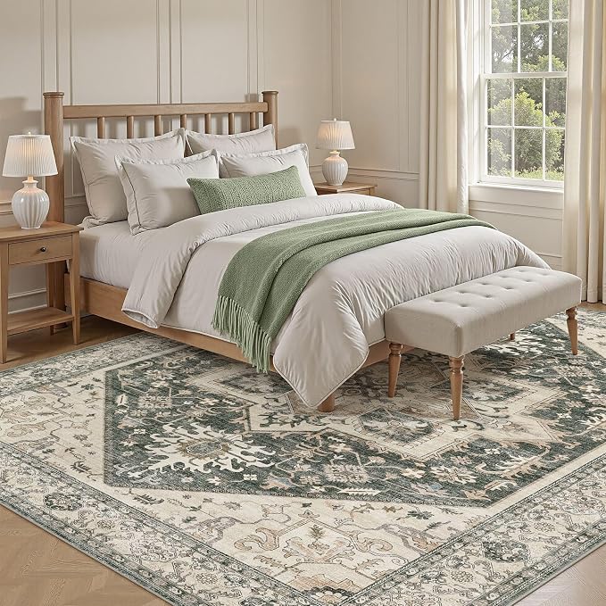 Area Rug for Living Room - 5x7 Washable Oriental Vintage Floral Large Soft Carpet - Fade Stain Resistant Non Slip Rugs for Bedroom Dining Room Nursery Dorm Office Home Decor - Vintage Green