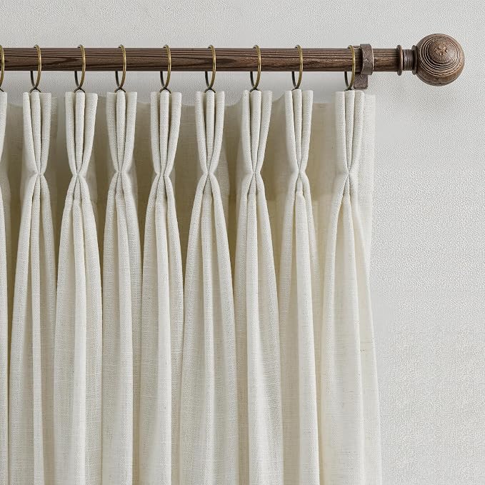 90 Inch Triple Pinch Pleated Linen Curtains 2 Panel Set for Living Room Beige Linen Textured Drapes 90 Inches Long Pinch Pleat Curtain Light Tan Semi Sheer Light Filtering for Dining Room Office