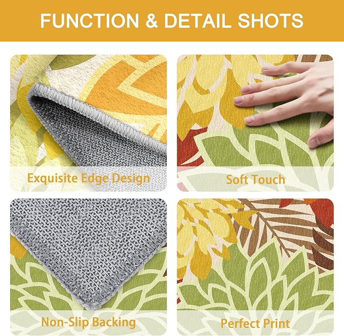 Colorful 8x10 Outdoor Area Rug Washable Multicolored Patio Rug Tropical Botanical Floral Chenille Waterproof Outdoor Carpet Non-Slip for Deck, Backyard, Porch, Orange