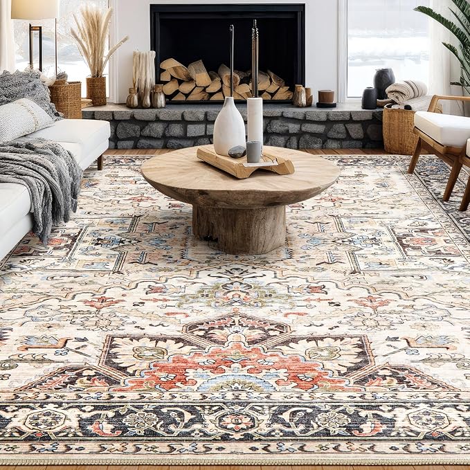 11x14 Area Rugs for Living Room - Large Carpet Ultra Thin Soft Washable Oriental Vintage Floral Distressed Big Indoor Carpets for Bedroom Nursery Dorm Home Decor Aesthetic - Multi Color