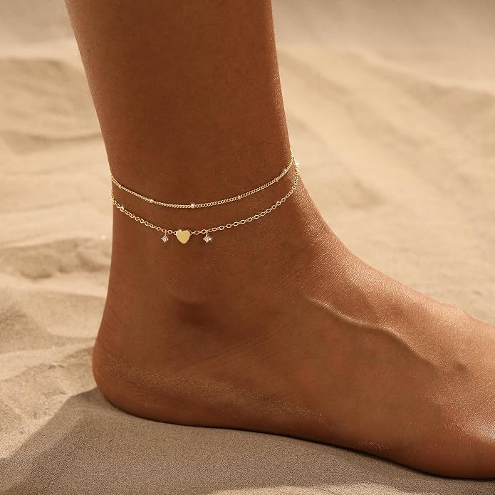 Ankle Bracelets for Women 14K Gold/Silver Plated Cross Heart Bead Anklet Waterproof Adjustable Chain Non Tarnish Cute Boho Trendy Dainty Summer Beach Foot Jewelry Gift for Her