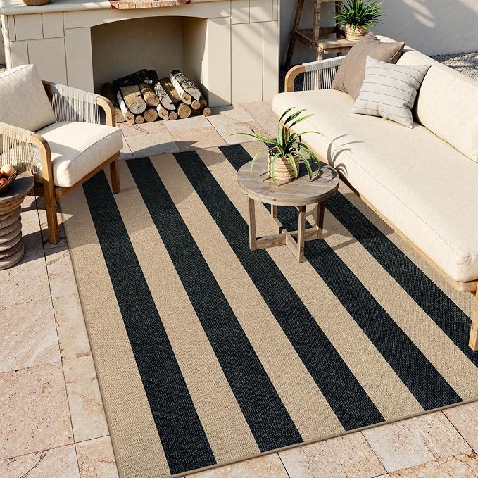 Lahome Striped Easy Jute Outdoor Patio Rug, 5x7 Living Room Washable Rugs | Dining Room Area Rug Black, Modern Farmhouse Neutral Non Slip Non Shedding Carpet for Porch Deck Classroom Entryway Office