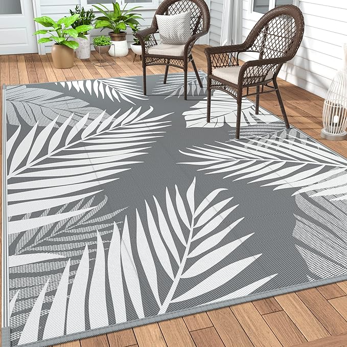 GENIMO Outdoor Rug, Waterproof Plastic Rugs for Patio, 4'x6' Grey White | Outside Larger Leaf Carpet Mat for Porch Decor, Deck, Balcony, Camping, RV, Backyard, Picnic, Beach, Reversible, Foldable