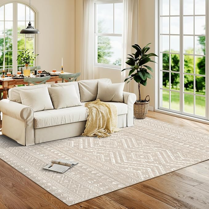 Miukiki 6x9 Area Rug for Living Room Moroccan Washable Rugs Non Slip Indoor Floor Carpet Foldable Large Soft Area Rug for Dining Room Bedroom with Low Pile(Brown,6'x9')