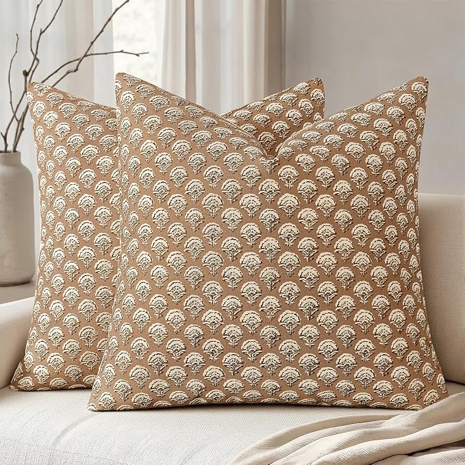 MIULEE Set of 2 Decorative Floral Pillow Covers Neutral Vintage Throw Pillows Block Print Boho Farmhouse Cushion Covers for Modern Spring Home Decor Couch Sofa Bed Living Room, 20x20 Inch, Cognac