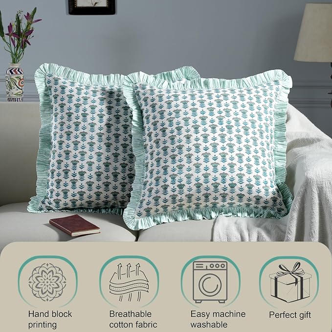 Ridhi Block Print Aquamarine Blue Throw Pillow Cover 16" x 16" (Pack of 2) Decorative Cushion Covers with Ruffle for Couch, Sofa, Bed, Living Room, Home Decor Gift for Spring, Easter, Valentine